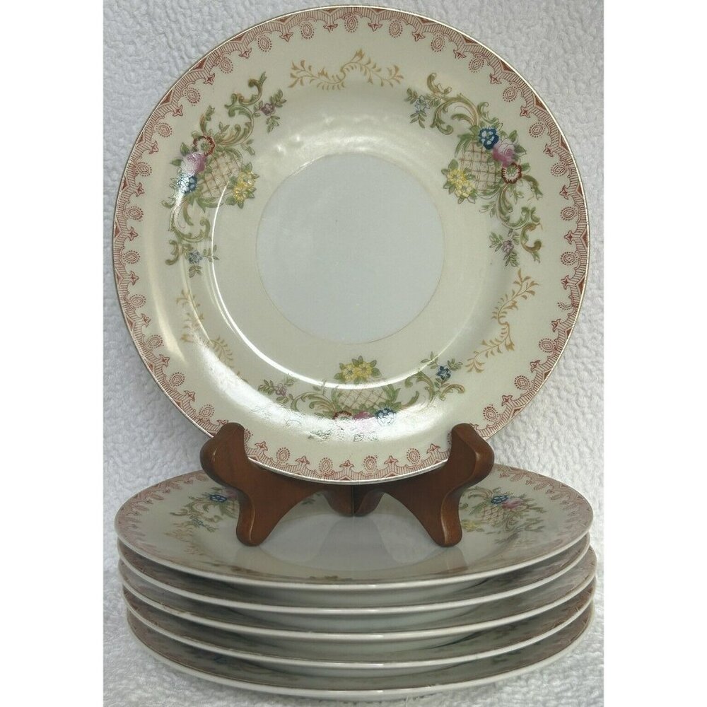 Vintage National China Set Of 6 Bread Plates Basket Of Flowers Detailed Edge GUC